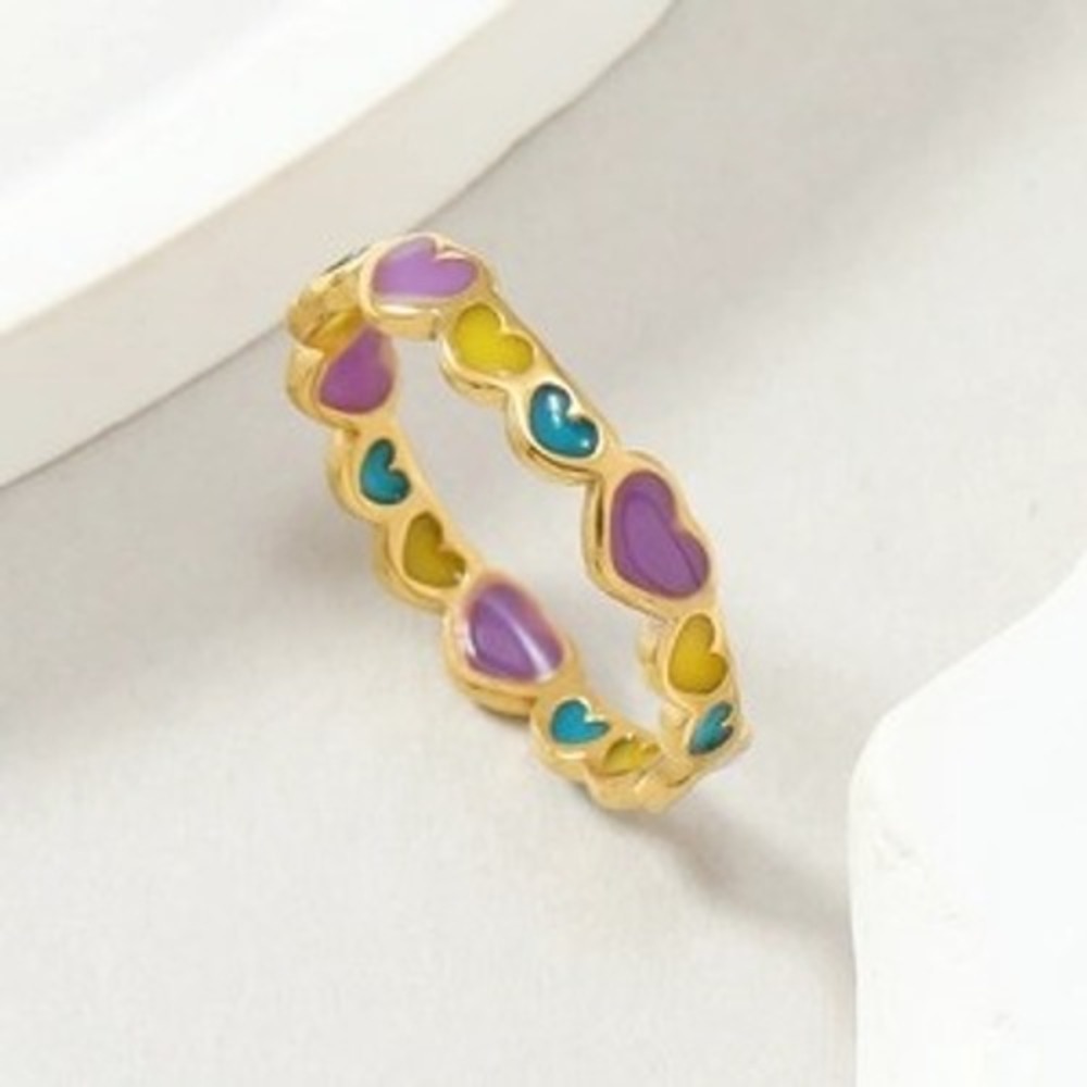 Gold Stainless Steel Multi Color Enamel Heart Eternity Ring Women‎ Purple Teal